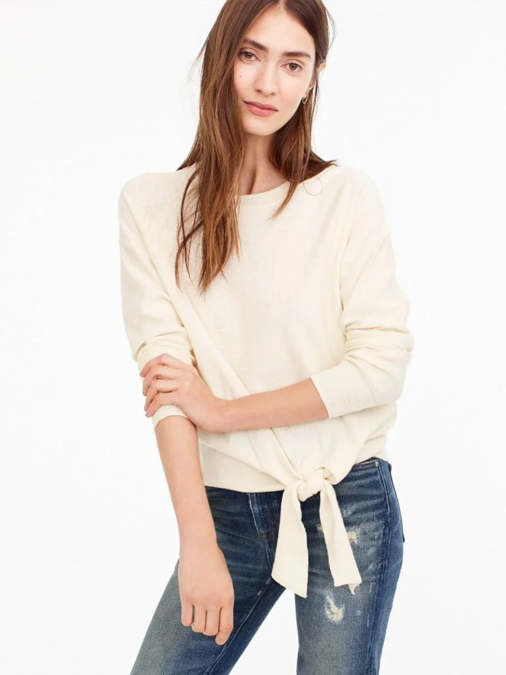NWT J. Crew Size Small 100% Cotton Ivory Cream Tie Front Crew Neck Sweater NEW